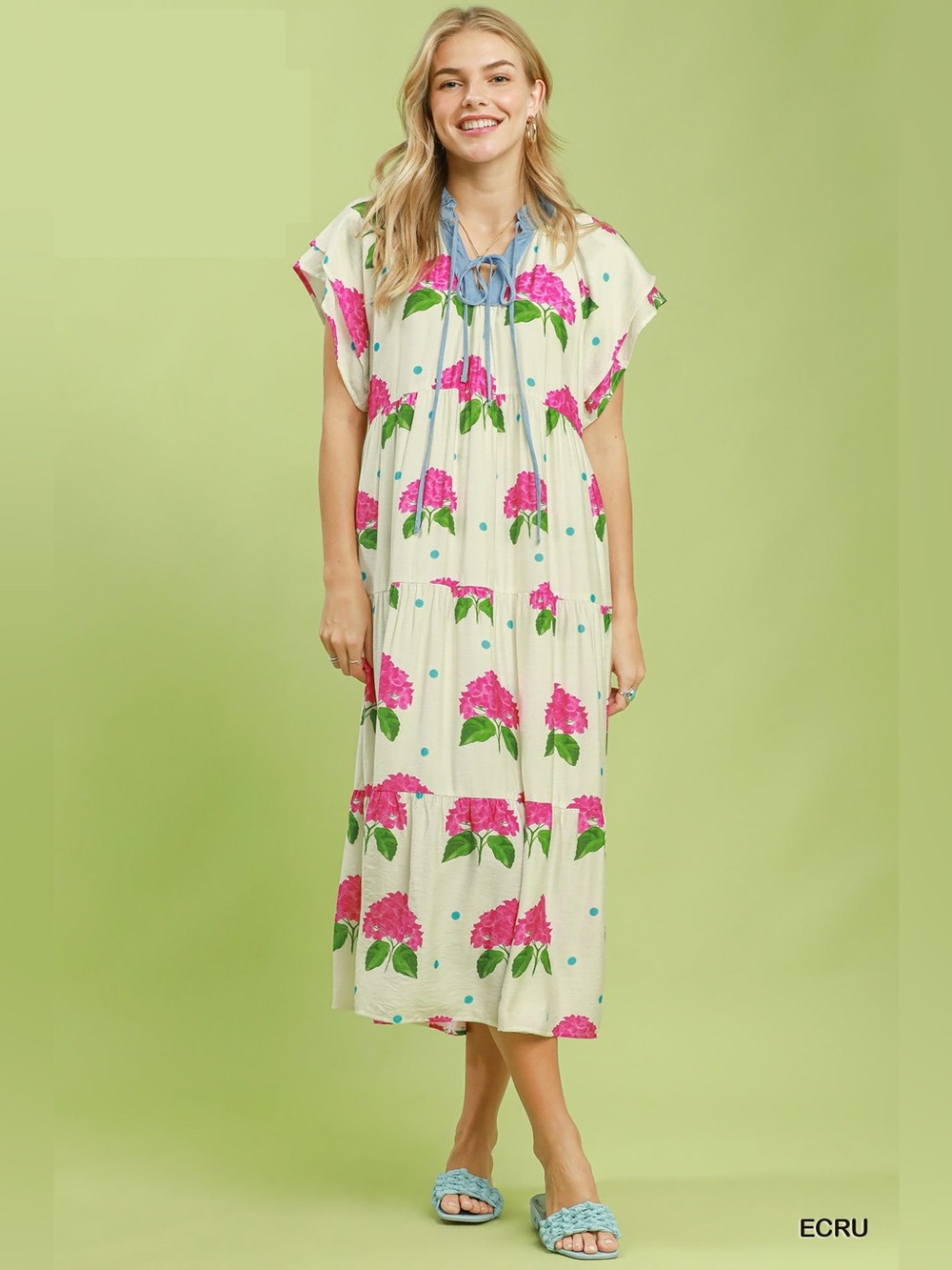 Umgee Hydrangea Print Tiered Midi Dress 🌸💙🛍️